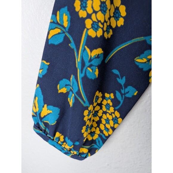 J CREW 0 Wrap Dress Navy Blue Golden Floral Print Knee Length Yellow V Neck 180 - Picture 5 of 8